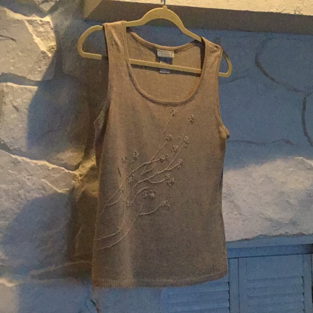 Linen/Rayon Sleeveless Tan Embroidered Top Large